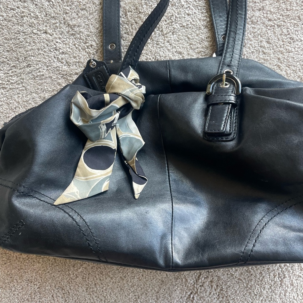 Coach Black Leather Shoulder Bag with Scarf Accent